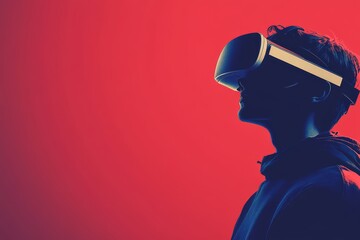 Sticker - A man in a VR headset against a red and blue background explores a digital world where the vibrant colors and contrasts create a dynamic and immersive virtual reality experience