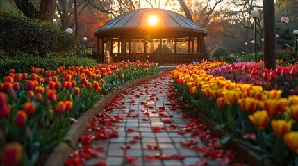 Poster - Stunning Pathway Through a Garden of Tulips at Sunset