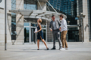 Poster - A group of business professionals laughing and bonding outside a modern office building, representing collaboration and positive workplace relationships.