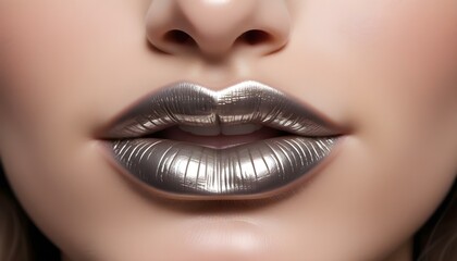 Close-up of a woman's lips with metallic silver lipstick, showing a dramatic and glamorous makeup style