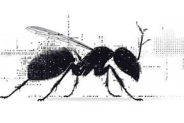 A detailed digital wireframe illustration of an ant, featuring pixelated effects and abstract geometric patterns with scattered red and black dots.
