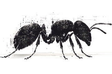 A detailed digital wireframe illustration of an ant, featuring pixelated effects and abstract geometric patterns with scattered red and black dots.
