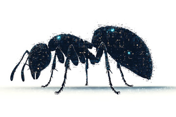 A detailed digital wireframe illustration of an ant, featuring pixelated effects and abstract geometric patterns with scattered red and black dots.
