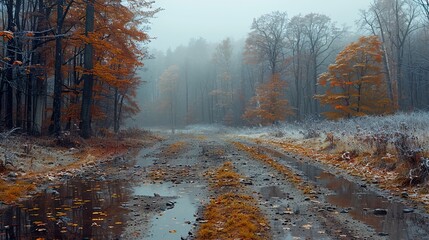 Poster - Foggy Forest Path in Autumn - Serene Landscape Photography