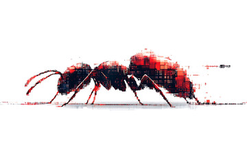 A detailed digital wireframe illustration of an ant, featuring pixelated effects and abstract geometric patterns with scattered red and black dots.

