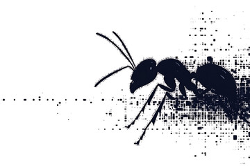 A detailed digital wireframe illustration of an ant, featuring pixelated effects and abstract geometric patterns with scattered red and black dots.
