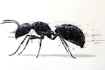 A detailed digital wireframe illustration of an ant, featuring pixelated effects and abstract geometric patterns with scattered red and black dots.
