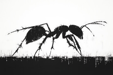 A detailed digital wireframe illustration of an ant, featuring pixelated effects and abstract geometric patterns with scattered red and black dots.
