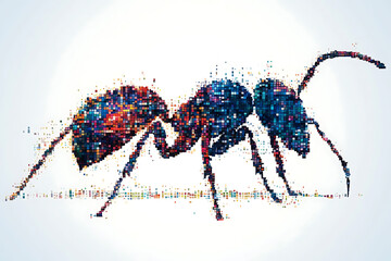 A detailed digital wireframe illustration of an ant, featuring pixelated effects and abstract geometric patterns with scattered red and black dots.
