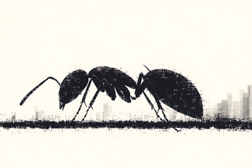 A detailed digital wireframe illustration of an ant, featuring pixelated effects and abstract geometric patterns with scattered red and black dots.
