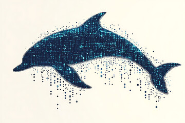 A digital illustration of a dolphin silhouette, rendered in a binary code pattern with a clean white background for a modern, tech-inspired look.
