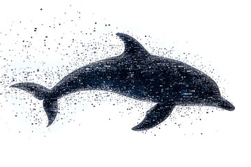 A digital illustration of a dolphin silhouette, rendered in a binary code pattern with a clean white background for a modern, tech-inspired look.

