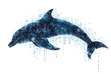 A digital illustration of a dolphin silhouette, rendered in a binary code pattern with a clean white background for a modern, tech-inspired look.

