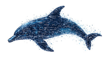A digital illustration of a dolphin silhouette, rendered in a binary code pattern with a clean white background for a modern, tech-inspired look.
