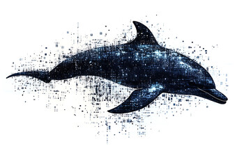 A digital illustration of a dolphin silhouette, rendered in a binary code pattern with a clean white background for a modern, tech-inspired look.
