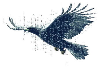  eagle silhouette, rendered in a binary code pattern with a clean white background, combining nature with technology