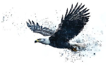  eagle silhouette, rendered in a binary code pattern with a clean white background, combining nature with technology