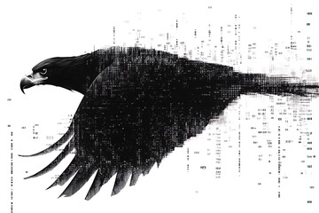  eagle silhouette, rendered in a binary code pattern with a clean white background, combining nature with technology