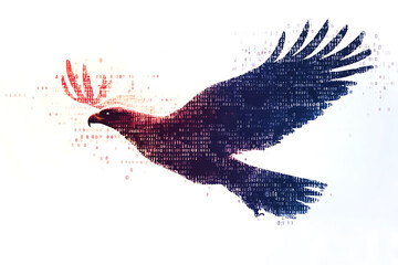  eagle silhouette, rendered in a binary code pattern with a clean white background, combining nature with technology