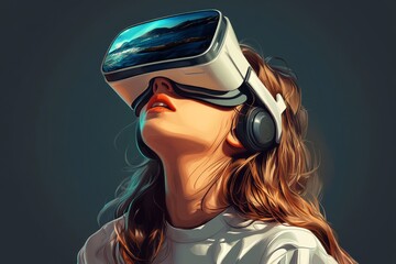 Sticker - A person with a VR headset gazes up at a digital sky filled with glowing elements blending the surreal beauty of the virtual world with the immersive experience of advanced technology