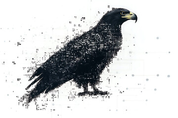  eagle silhouette, rendered in a binary code pattern with a clean white background, combining nature with technology