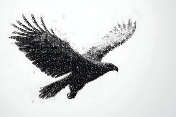  eagle silhouette, rendered in a binary code pattern with a clean white background, combining nature with technology