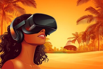 Sticker - A woman with a VR headset stands in a tropical setting at sunset where the warm orange light of the sun blends with the lush greenery in a serene virtual reality experience