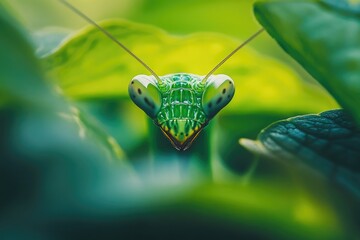 Close-up of a green praying mantis with big eyes, camouflaged in a leaf.