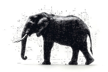 Wall Mural - A digital illustration of an elephant silhouette, featuring a binary code pattern against a white background, merging the majestic animal with technology.
