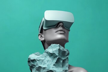 Poster - Stylish woman wearing sculpted VR headset juxtaposed with artistic marble background embodying the fusion of classical art and cutting edge virtual reality technology