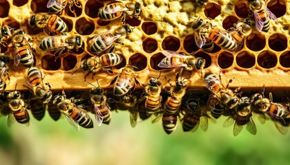 Wall Mural - Close-up of a honeycomb with numerous bees, some are clustered together while others are flying around.