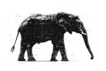 Canvas Print - A digital illustration of an elephant silhouette, featuring a binary code pattern against a white background, merging the majestic animal with technology.
