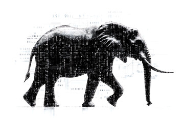 panda silhouette, rendered in a binary code pattern with a white background, blending nature with technology.
