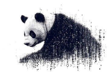  panda silhouette, rendered in a binary code pattern with a white background, blending nature with technology.
