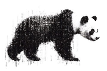  panda silhouette, rendered in a binary code pattern with a white background, blending nature with technology.
