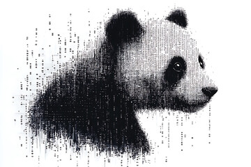  panda silhouette, rendered in a binary code pattern with a white background, blending nature with technology.

