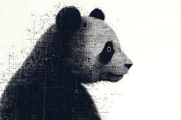  panda silhouette, rendered in a binary code pattern with a white background, blending nature with technology.
