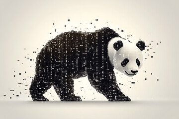  panda silhouette, rendered in a binary code pattern with a white background, blending nature with technology.
