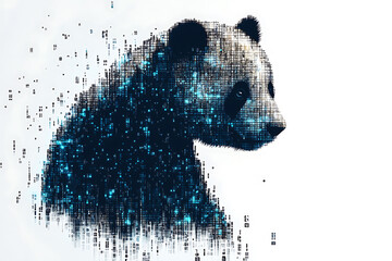  panda silhouette, rendered in a binary code pattern with a white background, blending nature with technology.
