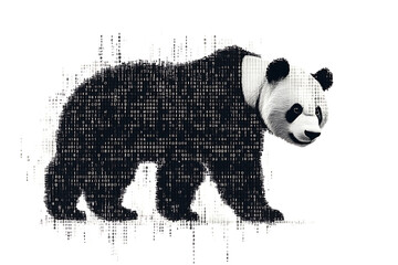  panda silhouette, rendered in a binary code pattern with a white background, blending nature with technology.
