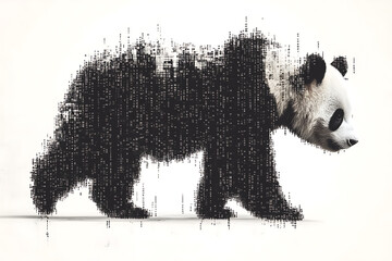 panda silhouette, rendered in a binary code pattern with a white background, blending nature with technology.
