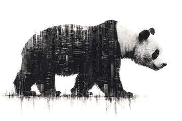 panda silhouette, rendered in a binary code pattern with a white background, blending nature with technology.
