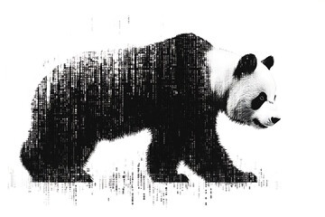 panda silhouette, rendered in a binary code pattern with a white background, blending nature with technology.
