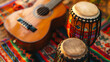 © Kateryna - Musical Instruments: A close-up of traditional Hispanic instruments like the guitar and bongo drums, Hispanic Heritage Month, with copy space