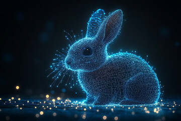 A futuristic digital illustration of a rabbit silhouette, featuring a binary code pattern and glowing effects on a white background.
