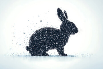 a futuristic digital illustration of a rabbit silhouette, featuring a binary code pattern and glowin