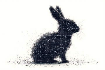 A futuristic digital illustration of a rabbit silhouette, featuring a binary code pattern and glowing effects on a white background.
