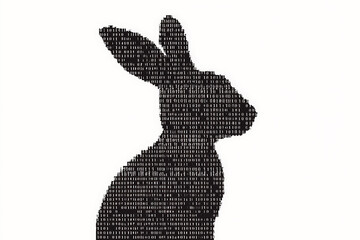 Poster - A futuristic digital illustration of a rabbit silhouette, featuring a binary code pattern and glowing effects on a white background.
