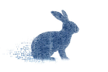 A futuristic digital illustration of a rabbit silhouette, featuring a binary code pattern and glowing effects on a white background.
