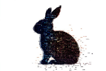 A futuristic digital illustration of a rabbit silhouette, featuring a binary code pattern and glowing effects on a white background.
